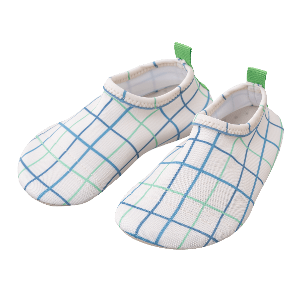 Cream with blue & green stripes Fresk swim shoes for boys with a flexible, grippy sole, reinforced toes, elastic fit, UV protection 50, and fast-drying fabric—perfect for sun-safe beach, pool, or indoor play.