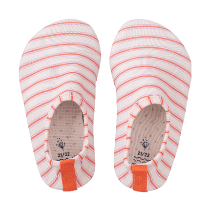 Striped cream and peach Fresk UV Swim shoes for girls with a flexible, grippy sole, reinforced toes, elastic fit, and fast-drying UPF50 fabric—perfect for sun-safe beach, pool, or indoor play.