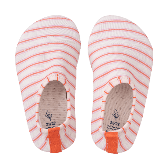 Striped cream and peach Fresk UV Swim shoes for girls with a flexible, grippy sole, reinforced toes, elastic fit, and fast-drying UPF50 fabric—perfect for sun-safe beach, pool, or indoor play.