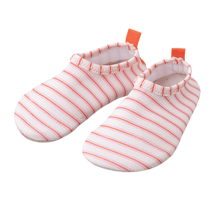 Cream with peach stripes Fresk swim shoes for girls with a flexible, grippy sole, reinforced toes, elastic fit, and fast-drying UPF50 fabric—perfect for sun-safe beach, pool, or indoor play.