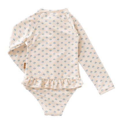 Cream Fresk swimsuit for girls made from eco-friendly recycled nylon with UPF 50+ protection keeping your little one safe, comfy, and stylish for beach or pool fun.