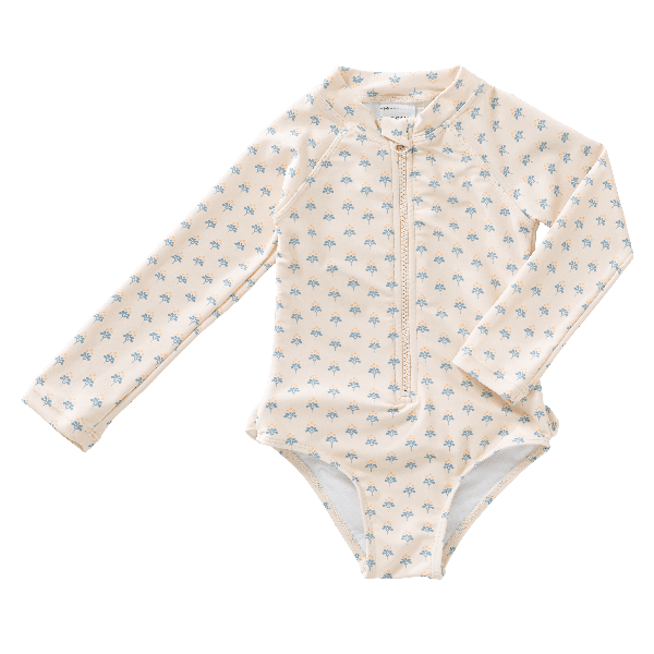 Cream Fresk longsleeve swimsuit for girls made from eco-friendly recycled nylon with UV protection 50 keeping your little one safe, comfy, and stylish for beach or pool fun.