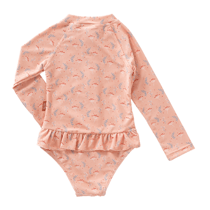 Peach Fresk swimsuit for girls with mimosa print made from eco-friendly recycled nylon with UPF 50+ protection  keeping your little one safe, comfy, and stylish for beach or pool fun.
