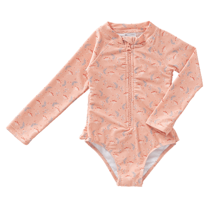 Peach Fresk swimsuit for girls made from eco-friendly recycled nylon with UV protection 50 keeping your little one safe, comfy, and stylish for beach or pool fun.