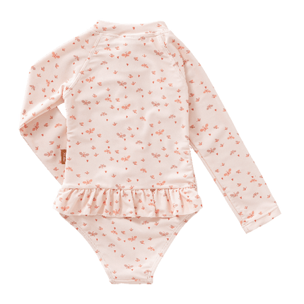 Cream-Butterfly print Fresk long sleeve swim suit for girls with UV protection 50, made from eco-friendly recycled nylon keeping your little one safe, comfy, and stylish at the beach or pool