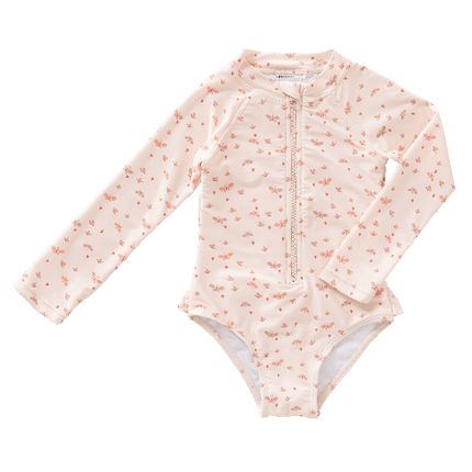 Cream with butterfly print Fresk swimsuit for girls made from eco-friendly recycled nylon with UV protection 50 keeping your little one safe, comfy, and stylish for beach or pool fun.