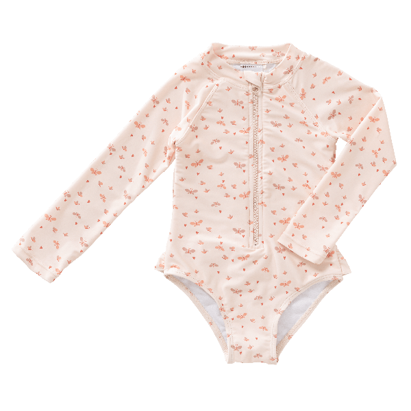 Cream with butterfly print Fresk swimsuit for girls made from eco-friendly recycled nylon with UV protection 50 keeping your little one safe, comfy, and stylish for beach or pool fun.
