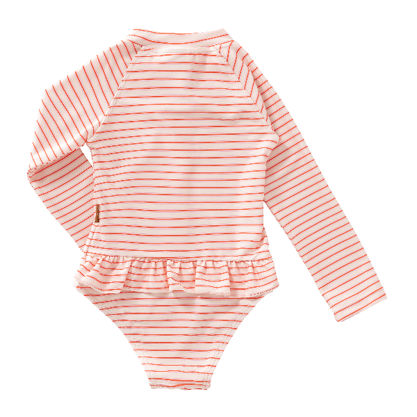 Striped cream & peach Fresk swimsuit for girls made from eco-friendly recycled nylon with UPF 50+ protection keeping your little one safe, comfy, and stylish for beach or pool fun.