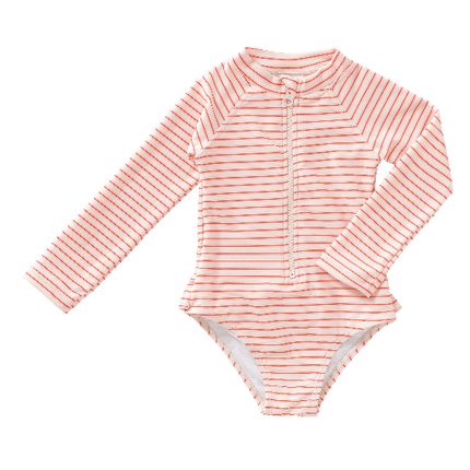 Stripped cream and peach long-sleeved Fresk swimsuit made from eco-friendly recycled nylon and features UPF 50+ built-in sun protection, and durable long sleeves—keeping your little one safe, comfortable, and stylish during every beach or pool day.