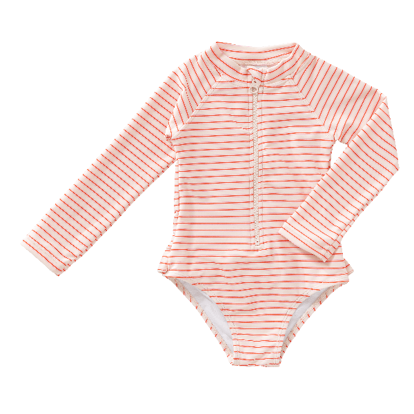 Stripped cream and peach long-sleeved Fresk swimsuit made from eco-friendly recycled nylon and features UPF 50+ built-in sun protection, and durable long sleeves—keeping your little one safe, comfortable, and stylish during every beach or pool day.