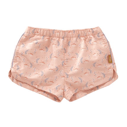 Peach with blue floral print swim shorts for girls made from eco-friendly recycled nylon, with UV Protection 50  and an adjustable drawstring—perfect for safe, comfy, and stylish beach fun.
 