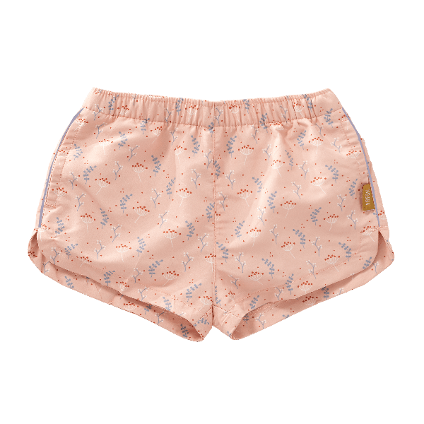 Peach with blue floral print swim shorts for girls made from eco-friendly recycled nylon, with UV Protection 50  and an adjustable drawstring—perfect for safe, comfy, and stylish beach fun.
 