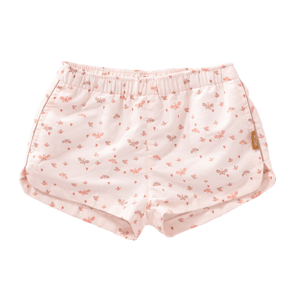 Cream with butterfly print swim shorts for girls made from eco-friendly recycled nylon, with UV Protection 50 and an adjustable drawstring—perfect for safe, comfy, and stylish beach fun.
 