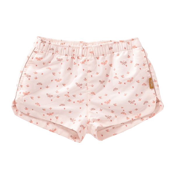 Cream with butterfly print swim shorts for girls made from eco-friendly recycled nylon, with UV Protection 50 and an adjustable drawstring—perfect for safe, comfy, and stylish beach fun.
 