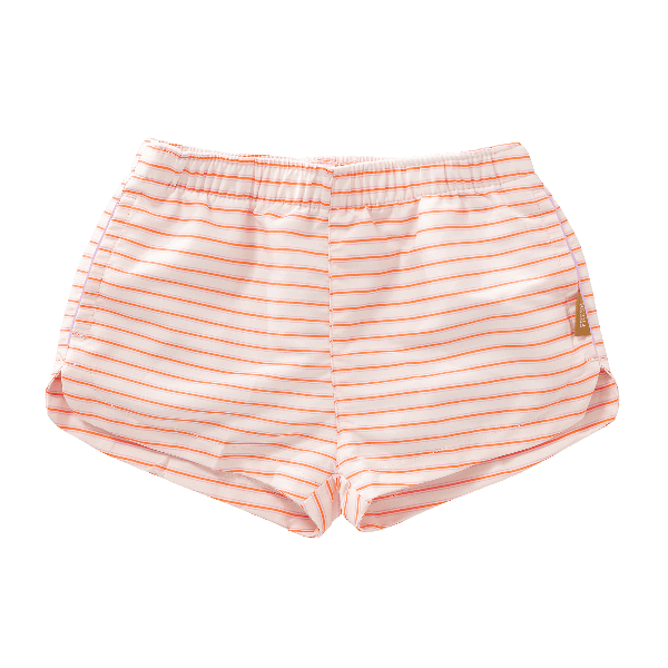 Cream with peach stripes Fresk UV swim shorts for girls made from eco-friendly recycled nylon, with UV Protection 50 and an adjustable drawstring—perfect for safe, comfy, and stylish beach fun.