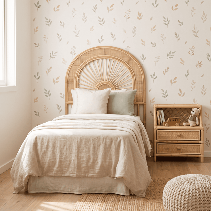 Bedroom with a bed featuring a wicker headboard and nightstand with books and a teddy bear.