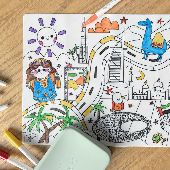 Colored silicone placemat of the UAE with washable pens and silicone pouch case. 