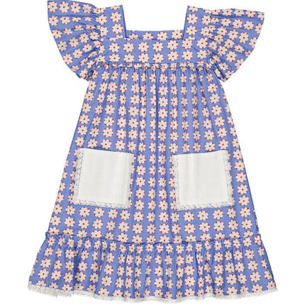 Blue dress with floral pattern and front pockets