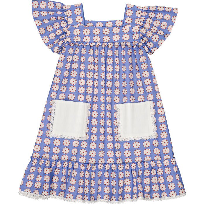 Blue dress with floral pattern and front pockets