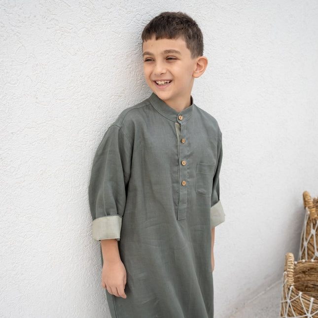 linen thobe kandoura olive green new collection kids ramadan outfit