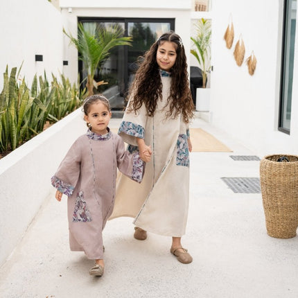 jalabiya dusty pink with flowers girls ramadan outfit linen modest elegant 