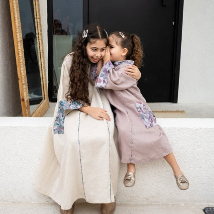 jalabiya dusty pink with flowers girls ramadan outfit linen