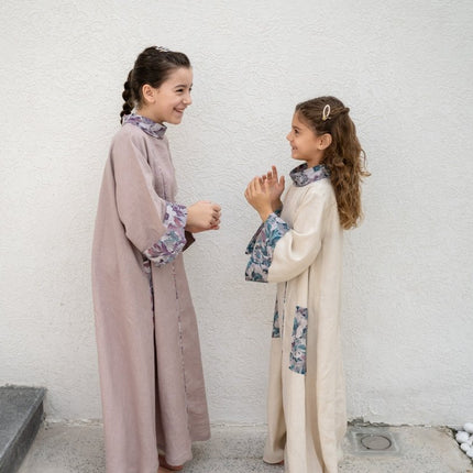 jalabiya dusty pink with flowers girls ramadan outfit linen