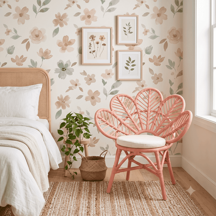 Pink wicker chair with white cushion in a bedroom with floral wallpaper