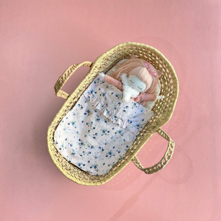 Doll's Moses Basket and Bedding Set - Blue Flowers