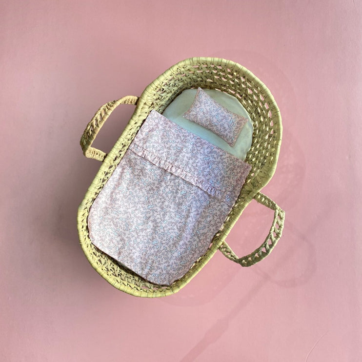 Doll's Moses Basket and Bedding Set - Pink Flowers
