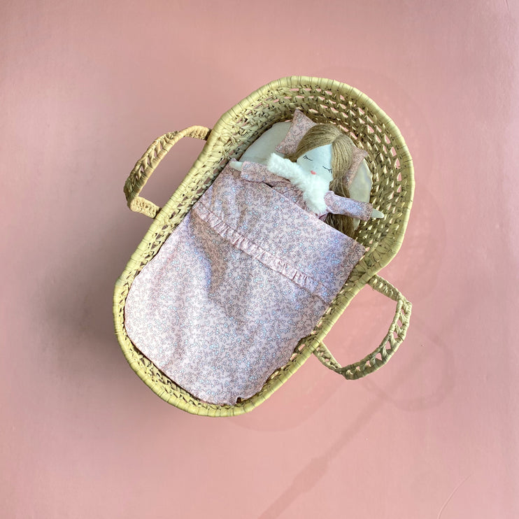 Doll's Moses Basket and Bedding Set - Pink Flowers