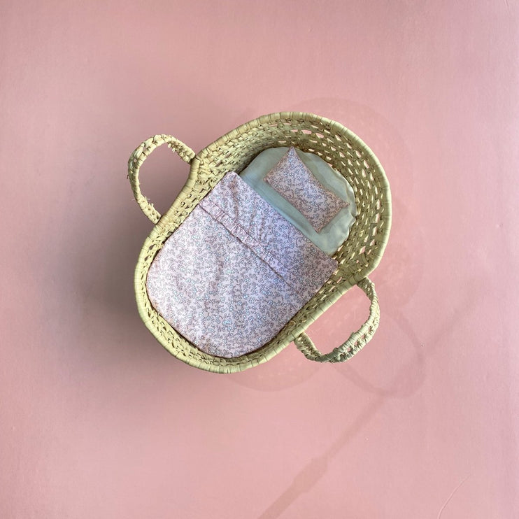Doll's Moses Basket and Bedding Set - Pink Flowers