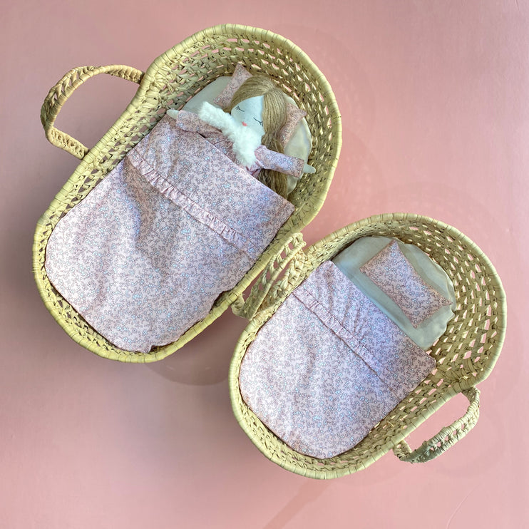 Doll's Moses Basket and Bedding Set - Pink Flowers