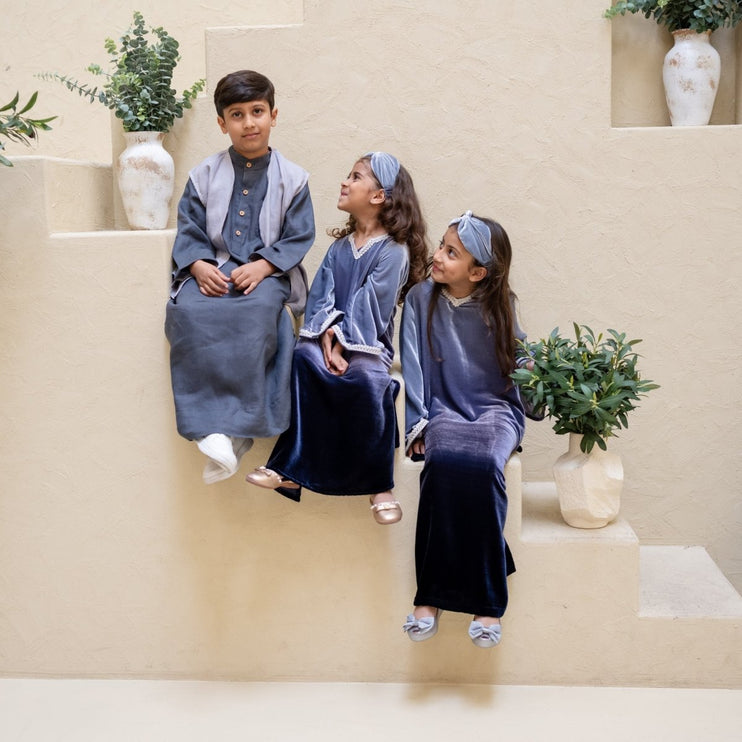 PRE-ORDER Girls Jalabiya - Ombré Grey Navy Velvet