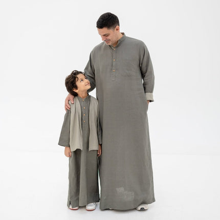 Matching Men's Linen Thobe - Olive Green