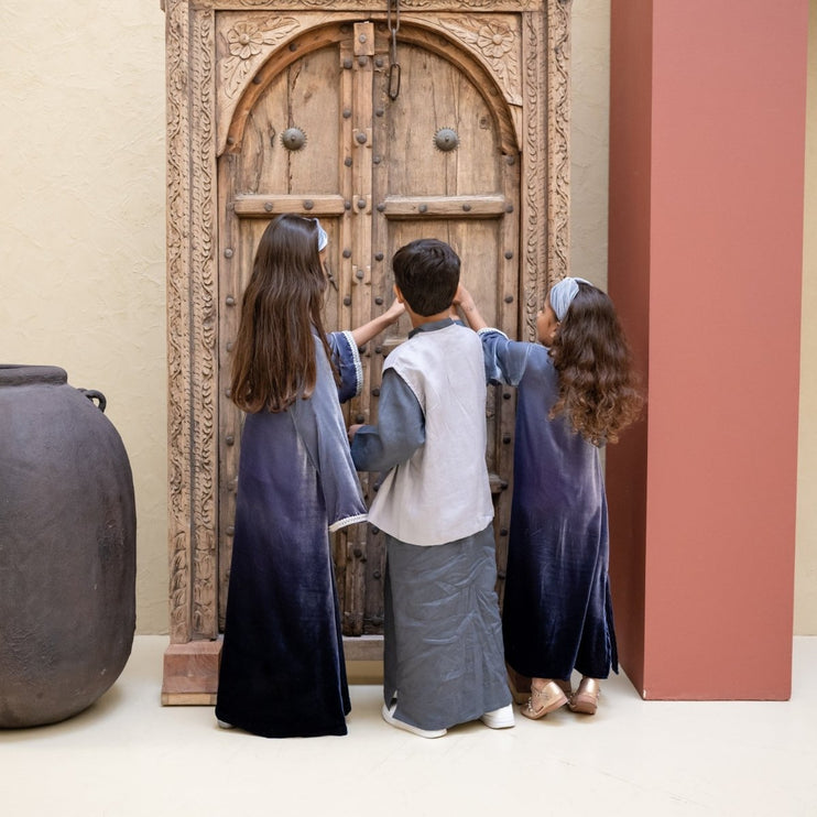 PRE-ORDER Girls Jalabiya - Ombré Grey Navy Velvet