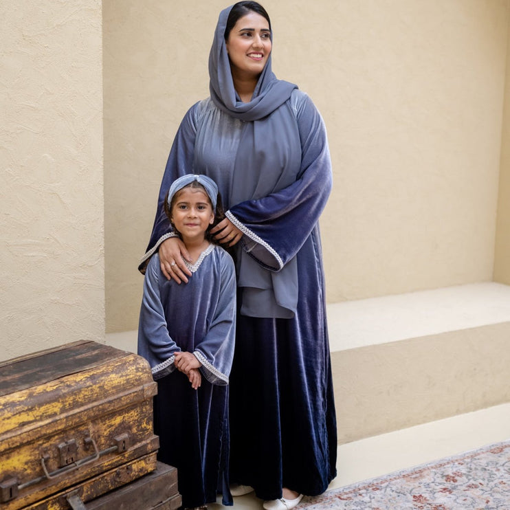 PRE-ORDER Matching Mom Jalabiya - Ombré Grey Navy Velvet
