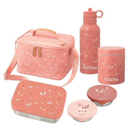 A coordinated pink lunch bag and drinkware set with matching containers in butterfly print. The set includes a soft-sided lunch bag with a shoulder strap, a tall insulated bottle, a cylindrical thermos food jar, a rectangular lunch box, and two small round containers. All items can be personalized