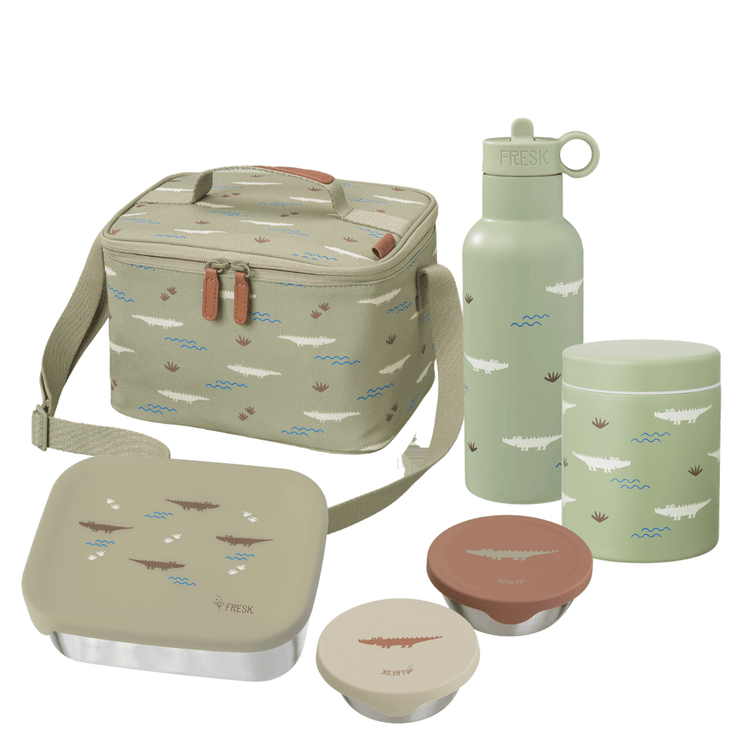 An insulated lunch set on a white background, featuring a patterned lunch bag, bottle, containers, and bowls in sage green, beige, and terracotta.