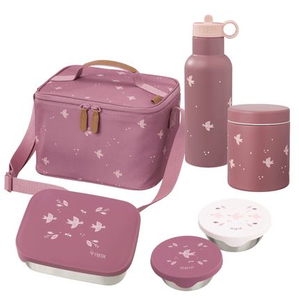 A coordinated insulated lunch set  including a pink lunch bag with a shoulder strap, a tall pink bottle, a pink storage container, two bento boxes with matching lids, and a small round container.