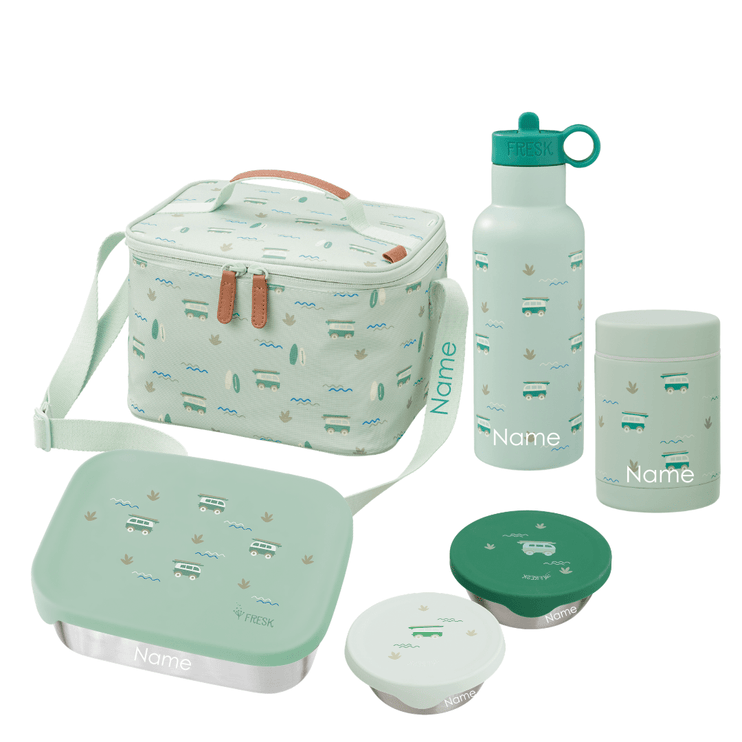 A coordinated lunch bag and food storage set on a white background, including a patterned insulated lunch bag, bottle, container, bento box, lids, and a shoulder strap