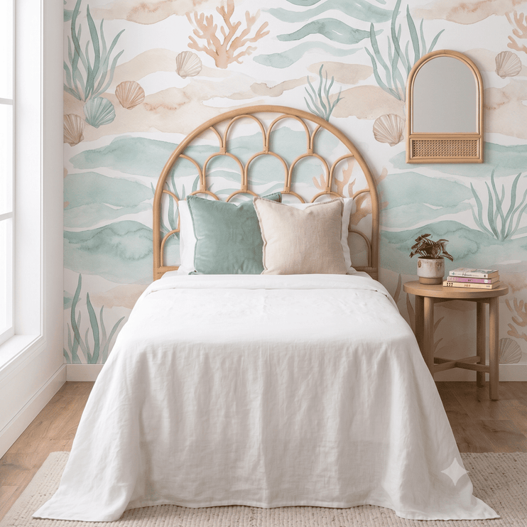 Bedroom with ocean-themed wallpaper, bed, and side table.