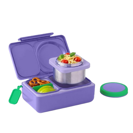 A purple plastic lunch box with compartments, shown open with a stainless steel container on top, a small green tag