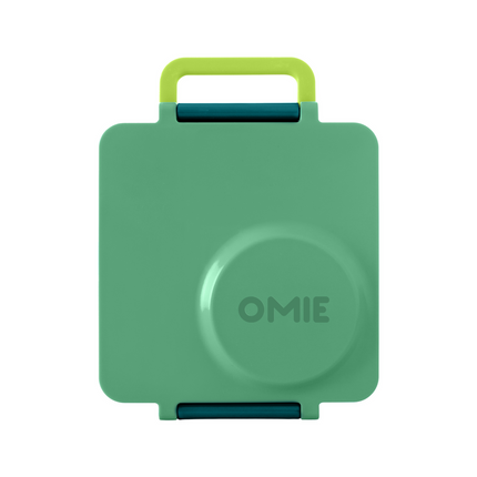 Green and teal snack container with 'OMIE' branding 