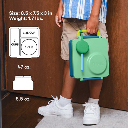 Child holding a green lunch box with size, weight, and capacity information displayed.
