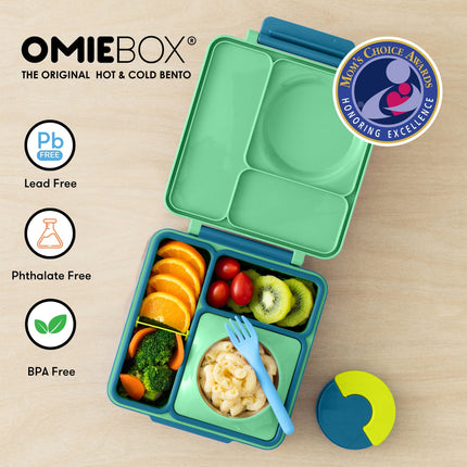 Green bento box with compartments filled with food