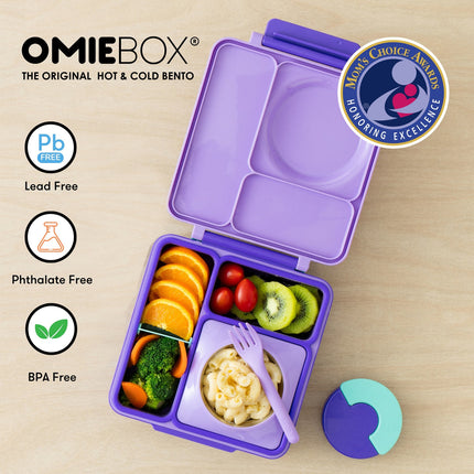 Purple bento box with compartments filled with food 