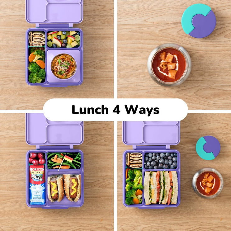 A four-panel collage showing a purple bento lunch box filled with different meals
