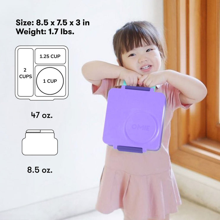 Child holding a purple container with measurements and weight displayed.
