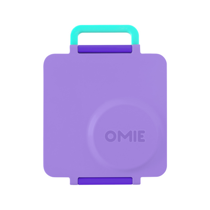 A purple plastic lunch box or storage case with a turquoise handle and purple latch details